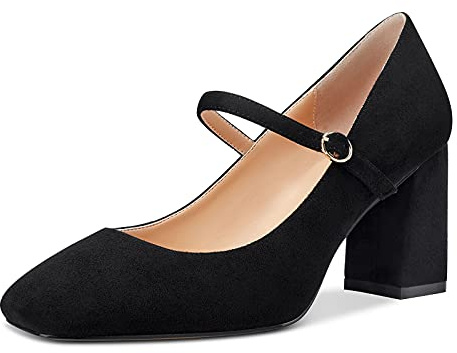 Castamere Women's Mary Jane Square-Toe Pumps Block Heels Strappy Court Shoes 3IN High Heels Black Suede Shoes UK 5