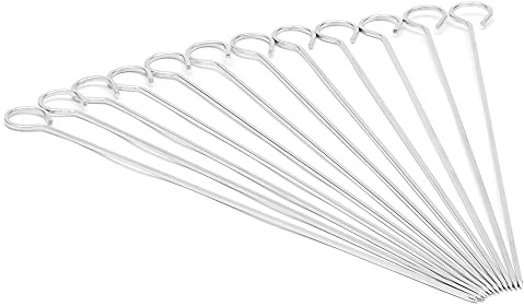 Home Basics 12 pinchos de acero inoxidable para barbacoa, asas largas, ideales para la parrilla, puntas anguladas para una fácil carga de alimentos, cuchillas planas anchas
