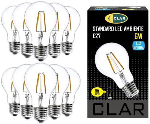 CLAR - Bombilla Filamento, Bombilla Filamento LED E27, Bombillas Decorativas, Bombilla Filamento E27, Bombilla Vintage, Bombilla LED E27 Vintage, 6W 4000ºK (Pack 10)