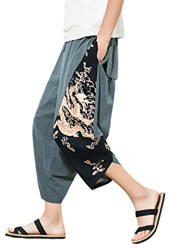Kimono japonés Pantalones Tradicionales Hombres Pantalones Recortados Ropa Asiática Pantalón Baño Estilo Japón Casual Pantalones Sueltos Gris XL