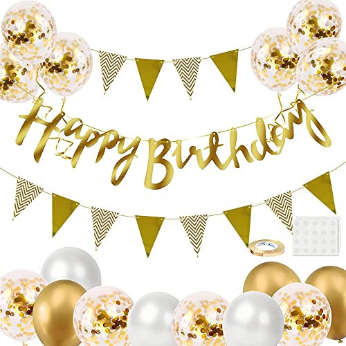 Geburtstag Dekoration Set, Weiß Gold Luftballons Geburtstagsdeko, Party Deko Geburtstag Set mit Happy Birthday Banner Girlande Luftballons Konfetti Ballons Dreiecksflaggen für Geburtstag Deko Supplies