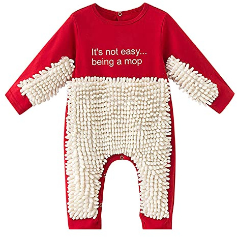Cute Baby Mop Onesie Romper, Funny Long Sleeve Jumpsuit Baby Newborn Boys Girls Mop Crawling Jumpsuit One-Piece Outfit Red 12-18 Months