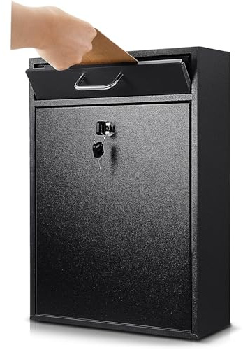 Yaocom Locking Mailbox with Key for Outdoor 16.2 x 11.2 x 4.7 Inches Large Wall Mount Mail Box with Lock Security Mail Drop Metal Collection Boxes Hanging Secure Postbox(Black)