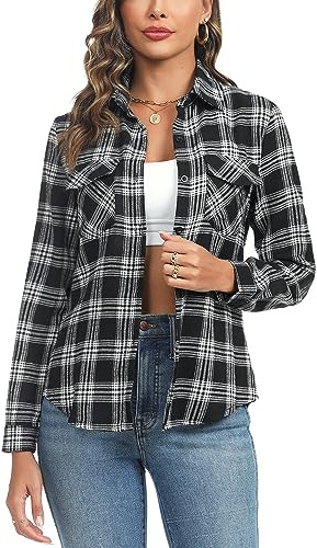 Totatuit Womens Checked Flannel Shirt Long Sleeve Button Down with Pocket