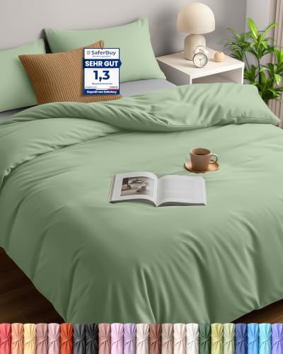 Utopia Bedding Copripiumino 3 pezzi Una Piazza e Mezza - Microfibra Copripiumino 200x200cm + Federe 50x75cm (Verde Salvia)