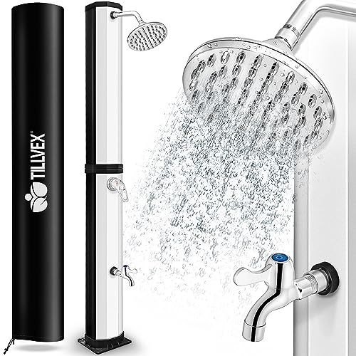 tillvex Ducha Solar con Cubierta Protectora | Ducha Solar de jardín Agua Caliente | Ducha de Piscina sin conexión eléctrica | con Grifo y Cabezal de Ducha de Lluvia (Negro/Plateado, 60 litros)