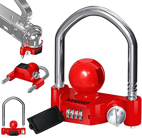 MASKO® Antivol à combinaison avec code à 4 chiffres pour attelage de remorque courants - Montage facile - Protection antivol - Caravane - Anse de remorquage - Anse en acier - Rouge