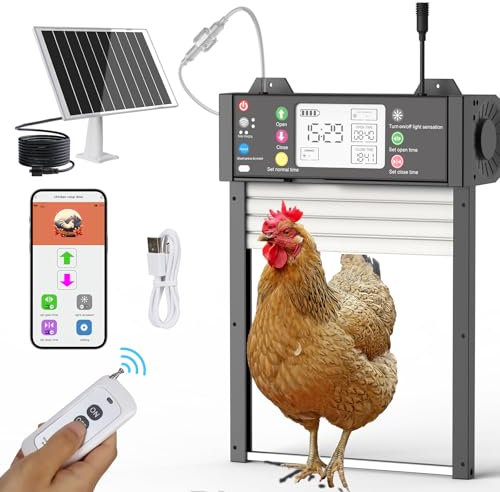 SARELLIT Hühnerklappe Automatische Solar mit Fernsteuerung über TUYA App & Fernbedienung, Echtzeit-Status, WLAN Automatische Wiederverbindung, Timer & Lichtsensor, Klemmschutz, 4000mAh Batterie