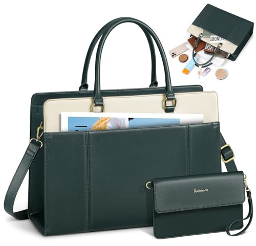 RAINSMORE Bolso Universidad Mujer Bolso Mujer Grande con Clutch Impermeable Bolso Ordenador Portatil 15.6 Pulgadas Bolsa Trabajo Shopper Oficina Verde oscuro
