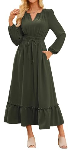 GRACE KARIN Women's Casual A Line Maxi Dress Autumn Winter Long Sleeve Smocked Long Dresses with Pockets Dark Green M