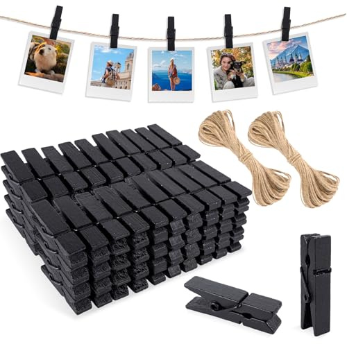 joycraft Mini Wooden Clothespins with String - 100Pcs Black Craft Clips, 1.4 in Photo Holder Hanging Clips for DIY Craft, Wedding Party Decor, Classroom Projects, Photo Wall