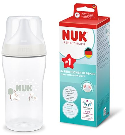 NUK Perfect Match Babyflaska | 0+ månader | 260 ml | Anti-kolikmatningsflaska | PP | Temperaturindikator | Får | 1 styck