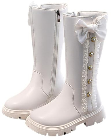 Girls Winter Boots Bow Knot Lace Shoes Girls' Princess Pearl Boot Mid Calf Low Heel Riding Boots Faux Leather Long Boot Side Zipper Combat Shoes Round Toe Booties Comfy Thick Heel Shoe