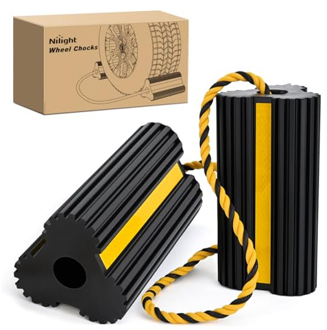Nilight Wheel Chocks RV Car Heavy Duty Rubber Tire Chock Blocks Stopper Yellow Reflective Strips Stabilizer 2 Pack with Rope for RVs Cars Travel Trailers Campers Trucks Motorcycle Accessories Parking