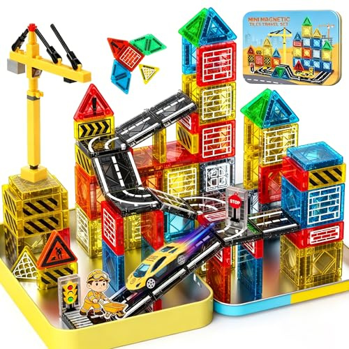 iKidiki Mini Travel Magnetic Tiles Construction 53 PCS, Toys for 3 4 5 6 7 8 Year Old Boys Girls Gifts for Birthday Magnetic Tiles Travel Set 3-8 Year Old Girl Boy Gifts Kids Birthday Presents Boys