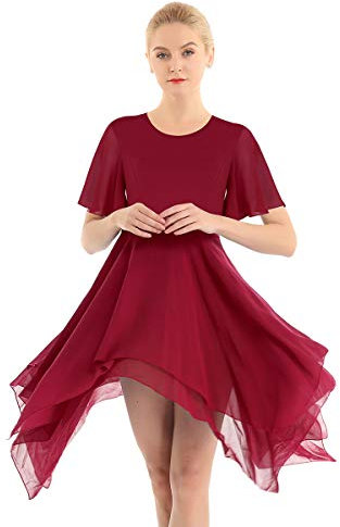 Freebily Damen Ballettkleid Asymmetrisches Tanzkleid Latein Kleid Ballettanzug Ballettbody Tanz Trikot Leotard mit Chiffonrock Gymnastik Kleid Burgundy X-Small