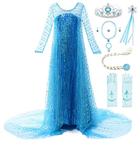 JerrisApparel Mädchen Prinzessin Pailletten ELSA Kostüm Kleid Festzüge Party Ankleiden (110, Blau mit Zubehör)