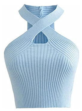 KOEMCY Crop Top Damen Ärmellos Bauchfrei Knitted Sexy Camisole Tank Top Casual Unterhemd (Blau)