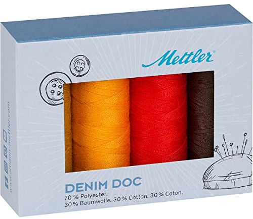 Mettler DENIM DOC Terra-kit - Set med 4 trådar för sömnad eller broderi, 70 % polyester, 30 % bomull, 100 m