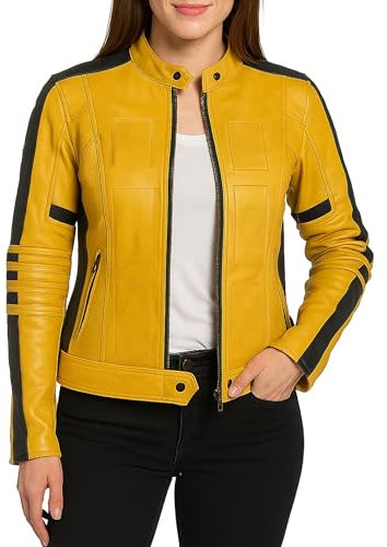 Chaqueta y pantalones de piel para mujer, color amarillo, Chaqueta amarilla de piel auténtica, 42