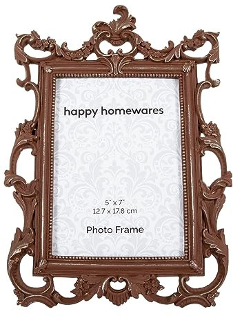 Happy Homewares Ornate Rustic Bronze Scrollwork Floral 5x7 Picture Frame with Brushed Gold Highlights | For Wall Hanging or Table Mounted