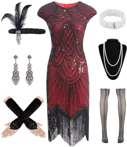 WILDPARTY 20-tals kostym dam Charleston-klänning, fransklänning med paljetter pärlor fransar nätstrumpor, Gatsby-klänning 20-talet accessoarer, vintage maffia kostym dam tillverkad i Kina
