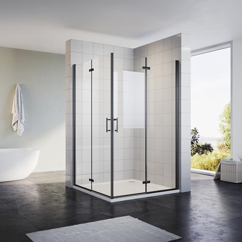 Sonni Eckeinstieg Duschkabine Drehfalttür 120x120 cm Schwarzes Dusche Falttür 180º Duschwand Duschabtrennung Nano 6mm Glas Faltdusche Höhe 195 cm