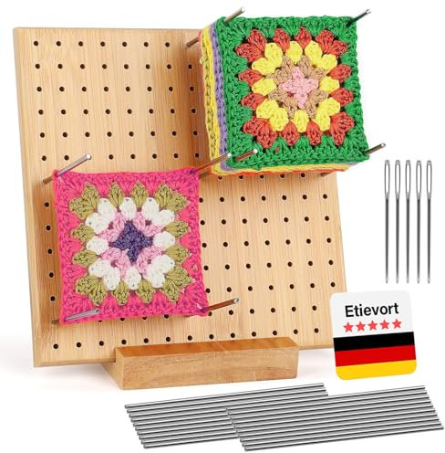 Granny Square Spanner, 20 cm Blocking Board zum Häkeln, Spannbrett Granny Squares Mit 20 Edelstahlnadeln, 5 Nadeln mit großem Öhr und Ständer zum Stricken, Sperrbrett Häkeln Holz, zum Stricken, Häkeln