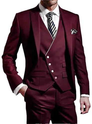 Trajes de Boda para Hombre Novio Boda Novio Esmóquines Traje de Fiesta de Negocios 3 Piezas (Chaqueta+Chaleco+Pantalón, granate, XL