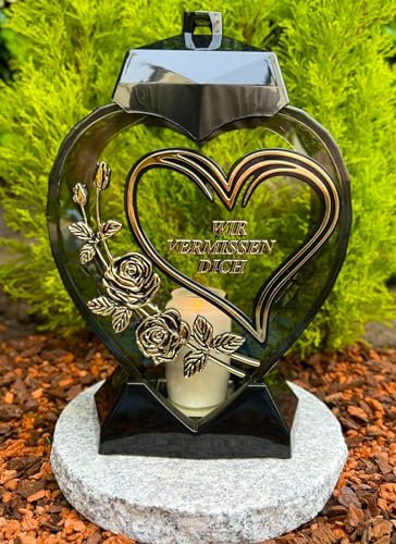 Lanterne funéraire avec texte « We VerMIESSEN Dich » - 33 cm de hauteur - Couleur or - Bougie funéraire - Lanterne funéraire - Lanterne de jardin avec bougie