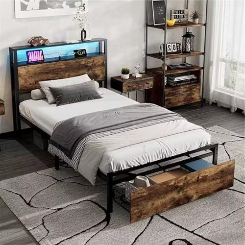 BTM 3FT Single Bed 90x190cm, Single Bed Frame wtih Drawer & Light Strip & 3 USB Ports, Metal Bed Frame Single, Black+Walnut