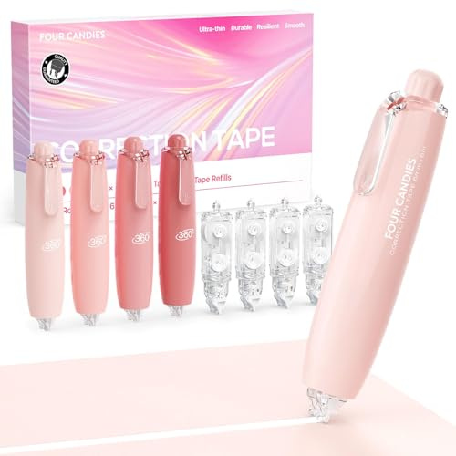 Four Candies infällbart färggradient korrigeringsband, 4 stycken, vit tejp med 4 extra påfyllningar, pennform, slät whiteout-set för skola, kontorsmaterial (rosa)