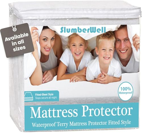 SlumberWell Terry Cotton Waterproof Fitted Mattress Protector, Breathable, Machine Washable Cover, Fits Upto 15 Inches Deep, Queen, White (Twin XL 39 x 80)