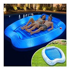 LanBlu Matelas Gonflable Piscine avec Lumière Colorée, Solaire Bouée Piscine Adulte Piscine Bronzage avec Porte-Boisson&Oreiller, Lit Gonflable Piscine, Bouées et Matelas Gonflable 2 Personnes Piscine