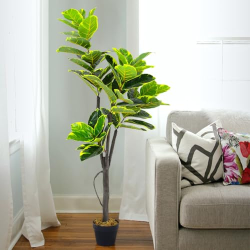 Warmiehomy Artificial Ficus Tree 150cm/5ft Tall Fake Rubber Plant Large Realistic Faux Trees in Pot All Year Green Low Maintenance Plastic Indoor House Plant for Home Office Decor