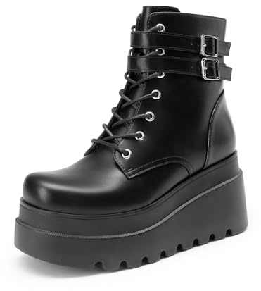 DREAM PAIRS Women Platform Combat Ankle Boots Goth Chunky High Heel Lace Up Motorcycle Booties,Size 9.5,Black-Pu,DWUMAB2519