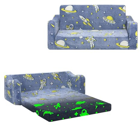 alldomess Kids Couch Extra Large,Glow in the Dark 2-in-1 Folding Kids Sofa Bed for Boys,2 Seats Convertible Sleeper Lounger Toddler Couch for Children Bedroom Playroom Nursery,Astronaut