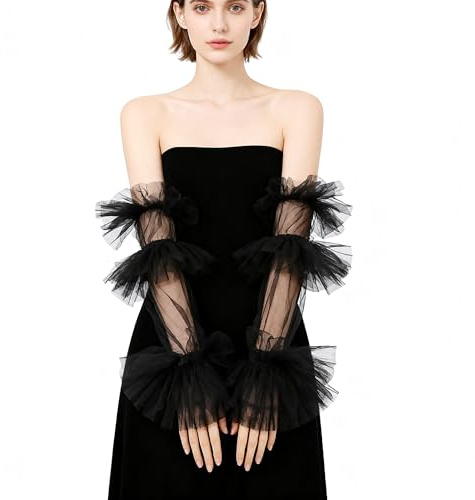FakeFace Ruffle Wrist Cuff Glove for Women Tulle Short Tea Party Lace Bridal Wrist Tulle Glove for Evening Wedding Opera Party (Black, one size)