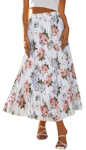 ANRABESS Womens Pleated Maxi Skirts Summer Floral Chiffon Dressy Casual Flowy Skirt with Full Lined Beach Vacation Clothes Floral White Medium
