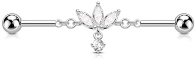 OUFER 14G Lotus Industrial Bar Piercing, Edelstahl 316L Dangle Industrial Barbell 38 mm, Marquise CZ Knorpel Helix Ohrring, Körperpiercing Schmuck für Frauen