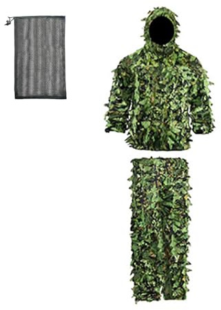 ZDSUHYIW Leaf Camo Suit for Men 3D Ghillie Camouflage Suit with Full Face Hood Rain Poncho Ghillie Suit Camouflage with Camouflage Clothing Suitable for Hiding Games Outdoor Hunting, Green, L