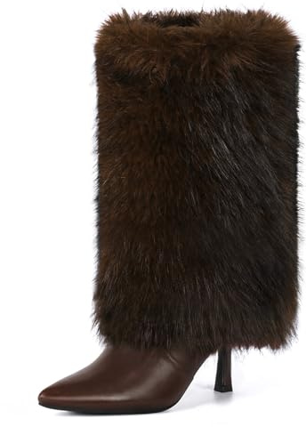 QLR 3.3-inch Kitten Heel Mid Calf Fur Boots Furry Fuzzy Fluffy Pointed Toe Boots for Women Short Boot with Side Zipper Fall Winter Snow Fold Over