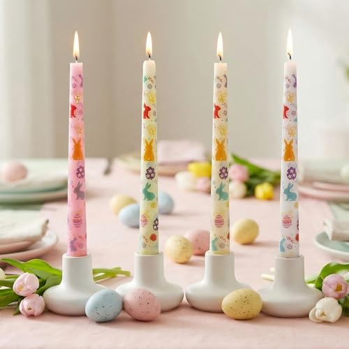 FYBW 4 Pack Easter Printed Taper Candles, 10 Long Decorative Candles with Spring Bunny & Egg Design Decorative Candles for Easter Table & Home Decor
