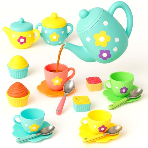 Toyana 22 PCs Kids Tea Set for Girls, Pretend Play Tea Party Playset, Realistic Teapot, Cups, Plates & Cupcakes Kitchen Accessories, Afternoon Role Play Birthday Gift Toy Set For Children Ages 3+ Year