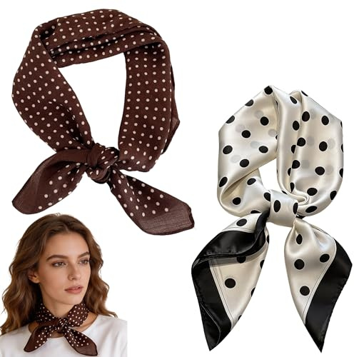 SKKWOPE 2 Stück Halstuch Damen mit Punkten aus Satin, Retro Nickituch Braun Weiß für Haare Hals Tasche, Weiches Quadratisches Kopftuch für Alltag Reise Büro, Bandana Damen Bandana Tuch Scarf Women