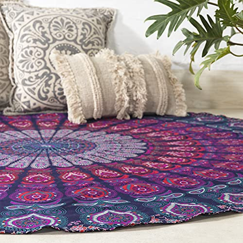 Popular Handicrafts Runder Wandteppich, indisches Mandala, rund, Strand-Überwurf, Wandbehang, Hippie-Boho-Baumwolle, rund, Yoga-Bettlaken, 178 cm, Blau/mehrfarbig