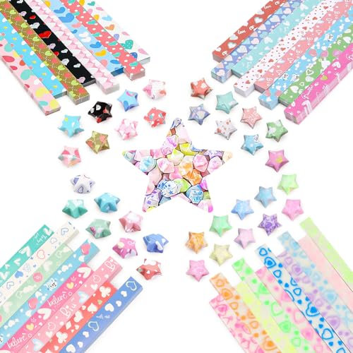 DOITEM Origami Sterne Papier Herz Fluoreszenz Herz Drucken Herz Papier Set, 4 Styles, 31 Farben, 1820 Streifen