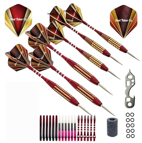 SHOT TAKER CO. EST. 2017 6pc Steel Tip Darts Set - Professional Darts for Dartboard - Includes Barrels + Plastic/Aluminum Shafts + O'Rings + Flights + Sharpener + Wrench (21g-Red B-10412)