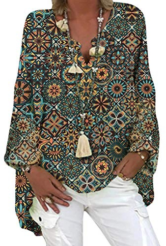Onsoyours Chemisier Femme Col V Blouse Élégant Haut Manches Longues Impression Géométrique Tunique Ample Fluide Chic Casual Vintage T-Shirt B Kaki L