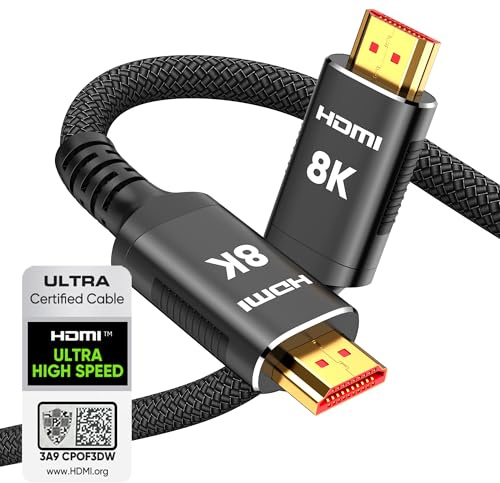 Snowkids 8K Certified HDMI 2.1 Cable 10 ft, Non-Slip Nylon Braided, 48Gbps Ultra High-Speed HDMI Cables Cord, 10K 8K@60Hz, 4K@120Hz Compatible for TV/PS-5/X-box/Projector/Sound System & More